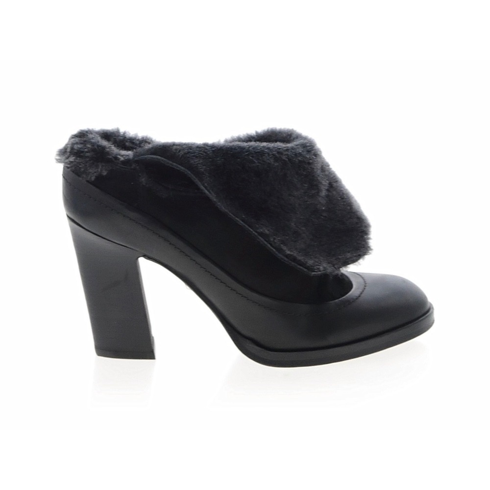 Rag & Bones Blk Leather Faux Fur Fold Over Cuff Block Heel Ankle Boots Sz 37